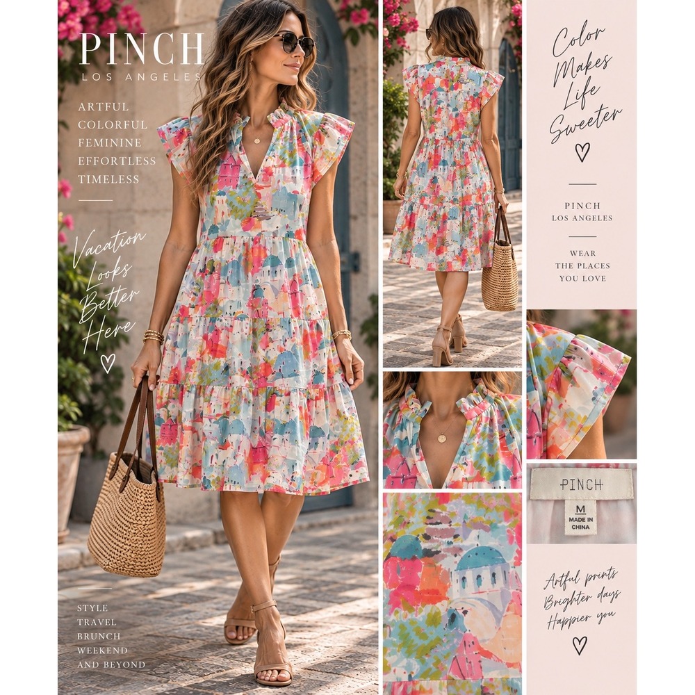 Pinch Los Angeles M Mediterranean Coastal Dopamine Tiered Cotton Dress
